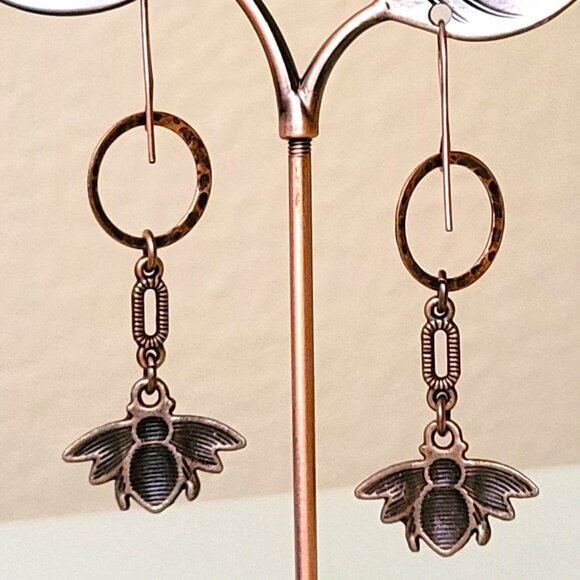 HONEY BEE Copper Charm Earrings Brass Hook Ear wires Bumble Bee, Insect - Picture 2 of 10